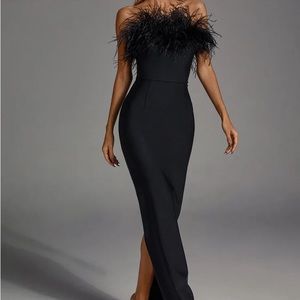 Feather top, strapless maxi dress